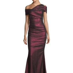 TALBOT RUNHOF Moa Burgundy Metallic Asymmetric Evening Gown Size 14